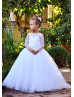 Long Sleeve Beaded White Tulle Flower Girl Dress